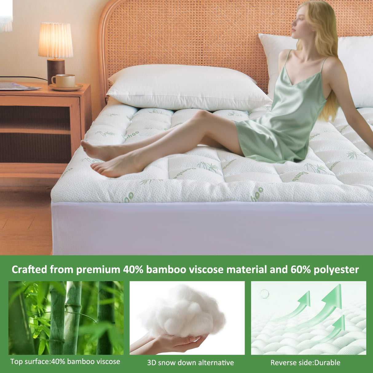 Bioeartha Cooling Mattress Topper Full – Extra Soft Pillow Top Mattress Pad, Breathable Viscose Made from Bamboo Mattress Protector for Back Pain Relief, Deep Pocket Cover Fits 8–21 Inch Bioeartha