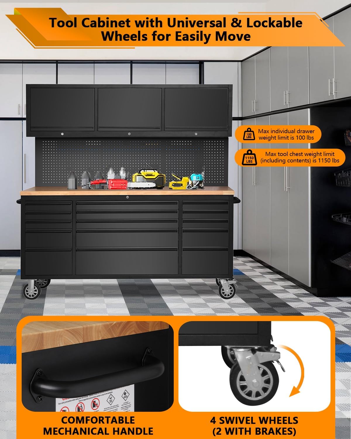 Elementool 72-Inch Heavy-Duty Rolling Garage Workbench with 15 Drawers, 3 Cabinets, Wheels & Pegboard - Steel Frame Tool Chest Storage Solution for Mechanics Workshop Organization, Matte Black Elementool