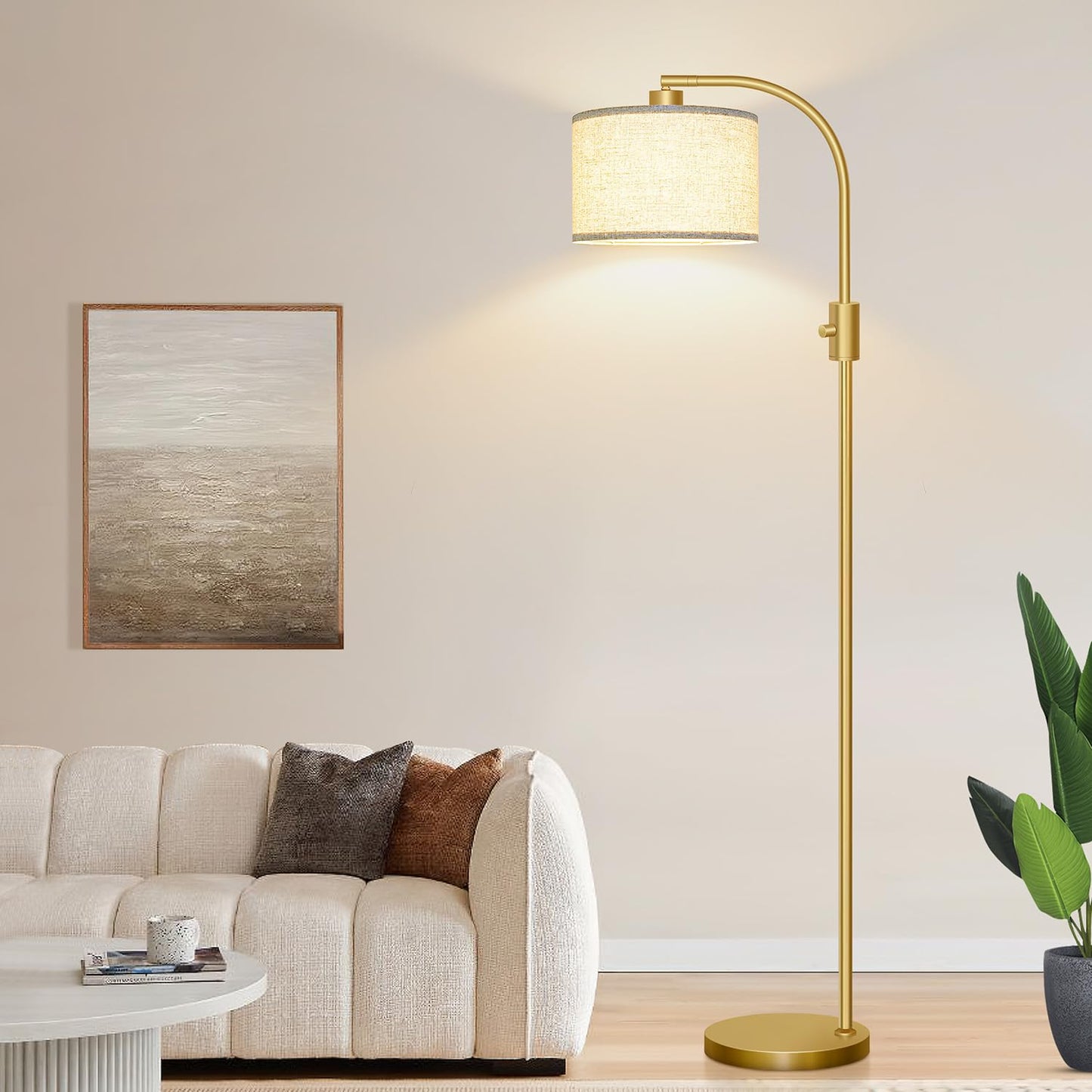 【Upgraded】 Dimmable Gold Floor Lamp, 1200 Lumens LED Bulb Included, Arc Floor Lamps for Living Room Modern Standing Lamp with Linen Shade, Tall Lamp for Living Room Bedroom Office Reading Room Nursery