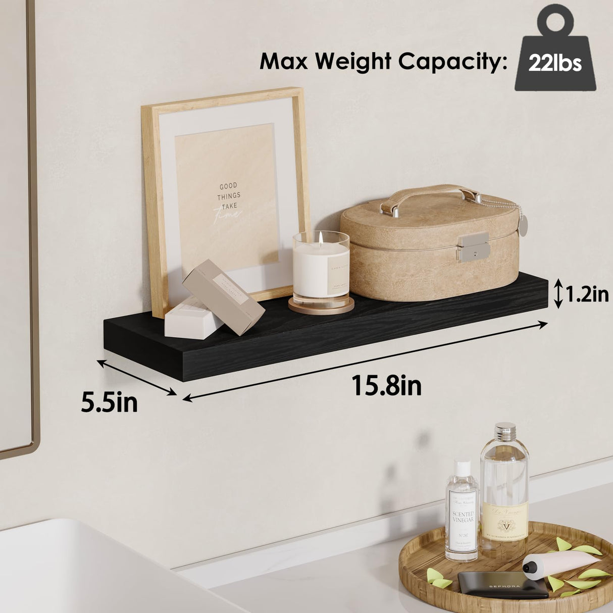 Fixwal Floating Shelves for Wall, Wall Mounted Rustic Wood Shelves for Bathroom, Living Room, Bedroom and Kitchen, Wall Shelves for Storage,Books,Room Decor (Black, Set of 4, 15.8 Inch) Fixwal