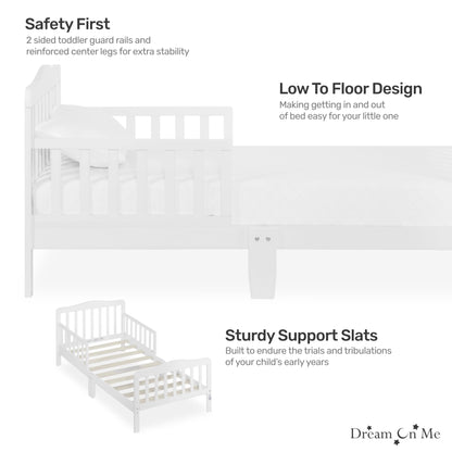 Dream On Me Classic Design Toddler Bed In White, Greenguard Gold And JPMA Certified, Low To Floor Design, Two Side Safety rails, Non-Toxic Finishes, Wooden Nursery Furniture