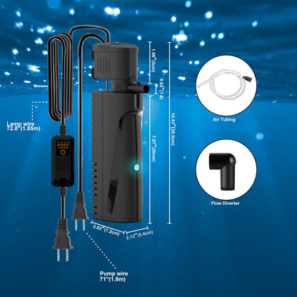 VCRAZE Fish Tank Filter with U - V Light & Timer (3/6/12/24 Hours) for Green Water Cleaning, Aquarium Filter with Aeration Turtle Tank Filter with Pre-Filter Sponge for Tanks 70-100 Gallon