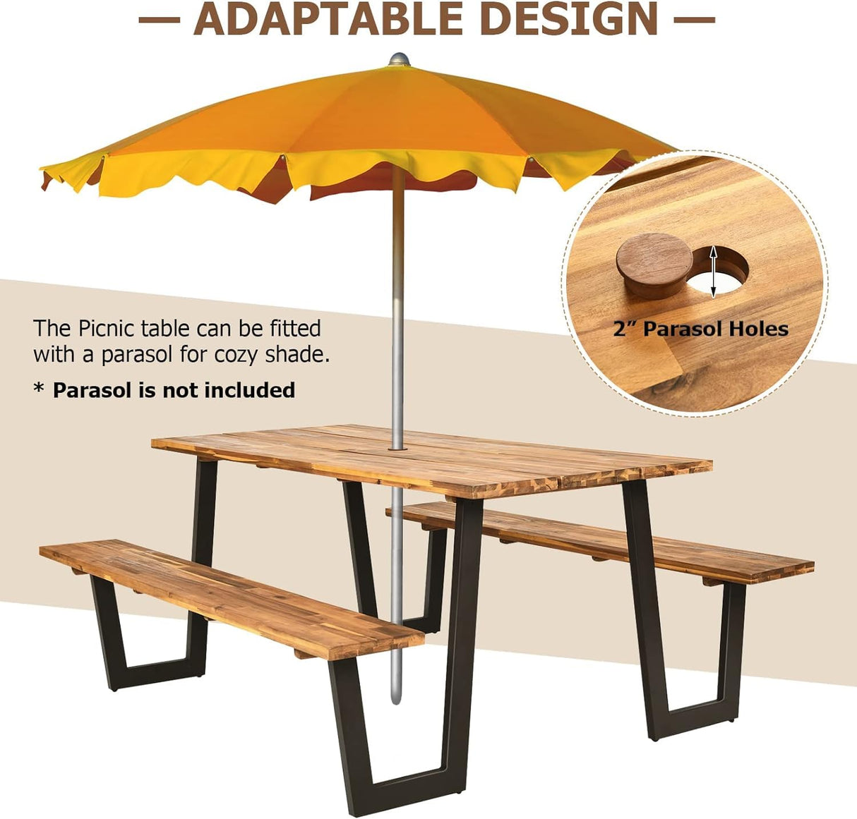 LDAILY Picnic Table, 70’’ x 30’’ Outdoor Wood Dining Table Set with Bench, 2" Umbrella Hole, 1600 LBS Max Load, Metal Frame Picnic Tables for Outdoors 6-8 Persons in Party, Garden, Yard, Patio, Lawn LDAILY