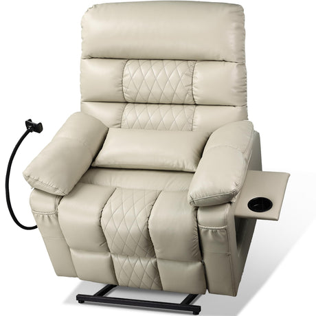 SUKACH Dual Motor Recliner Chair with Heat & Massage, Faux Leather Power Lift Recliner Chair for Elderly, Cup Holder Tray, Phone Holder, Detachable Armrests, USB & Type-C Ports, Pillow (White, Medium) SUKACH