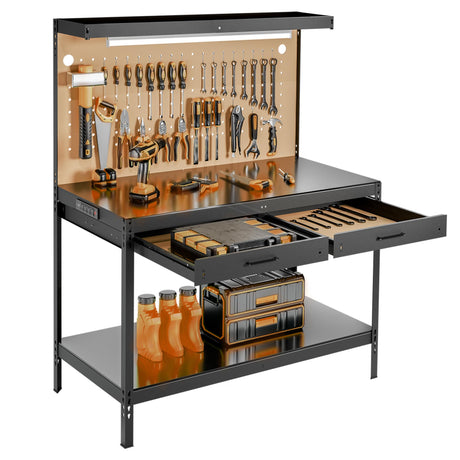 Work Bench, A3 Steel Workbench with Drawers Pegboard, Work Benches, 600LBS Capacity Garage Workbench for Garage Workshop Basement, Work Table Dark Black. Pterying