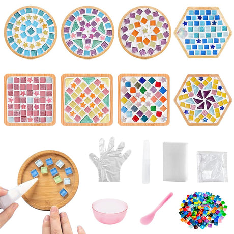 Ukontagood 8 Pcs DIY Mosaic Coasters for Crafts, Mosaic Tiles Coaster for Handmade Home Decoration, and Daily Presents, Mixed Color Mosaic Kits with Wooden Coaster Ukontagood