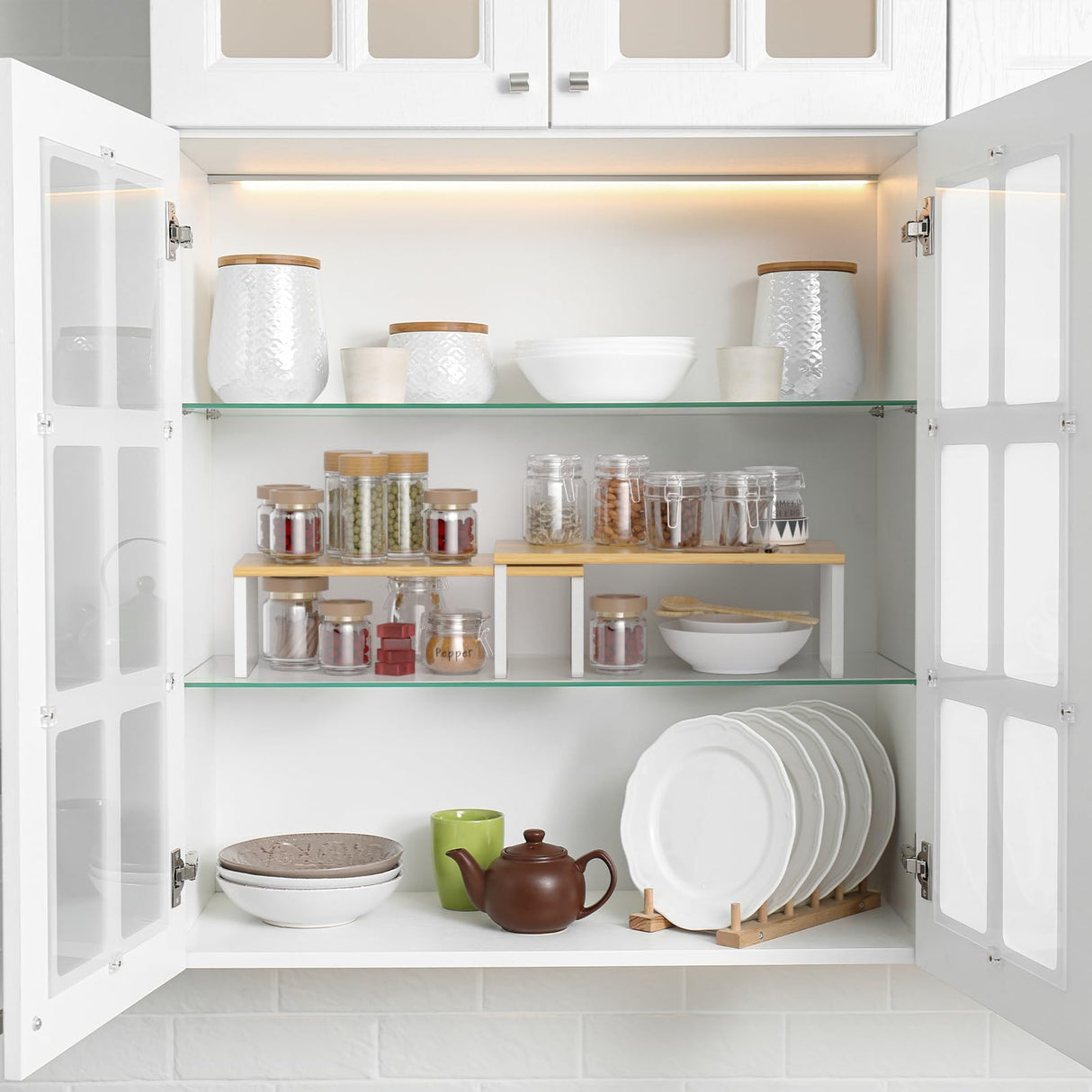 NEX Bamboo Kitchen Cabinet and Counter Shelf Organizer, Stackable & Expandable, White and Natural NEX