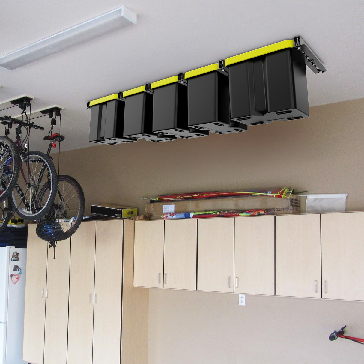 BEAMNOVA Overhead Garage Storage Rack, Heavy Duty Ceiling Storage System for Garages, Sheds, Storerooms Overhead Bin Storage (6 PCS, for 5 Bins) BEAMNOVA