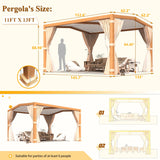 YOLENY Louvered Pergola 11x13, All Aluminum Pergola with Adjustable Rainproof Pitched Roof, Outdoor Pergola with Waterproof Curtains and Nets, Woodgrain YOLENY