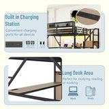 Queen Loft Bed with Desk and RGB Light, Metal Loft Bed Frame with Stairs and Bedside Shelf, Heavy-Duty Lofts Beds with Storage Shelves and Wardrobe for Kids Teens, Black Mirightone