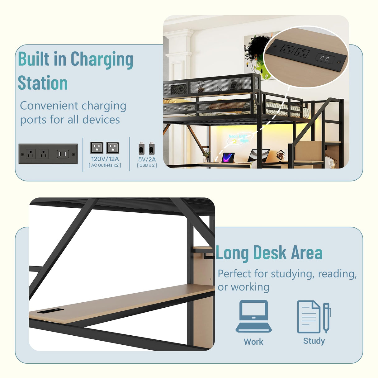 Full Loft Bed with Desk and RGB Light, Metal Loft Bed Frame with Stairs and Bedside Shelf, Heavy-Duty Lofts Beds with Storage Shelves and Wardrobe for Kids Teens, Black Mirightone