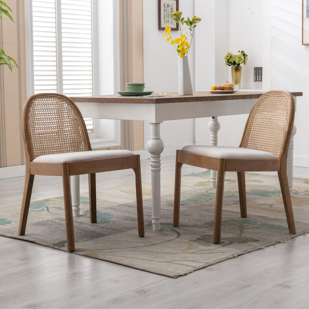 HEAH-YO Rattan Dining Chairs Set of 2, Upholstered Linen Dining Room Chairs with Backrests, Modern Kitchen Chairs with Wood Legs for Dining Room, Beige HEAH-YO