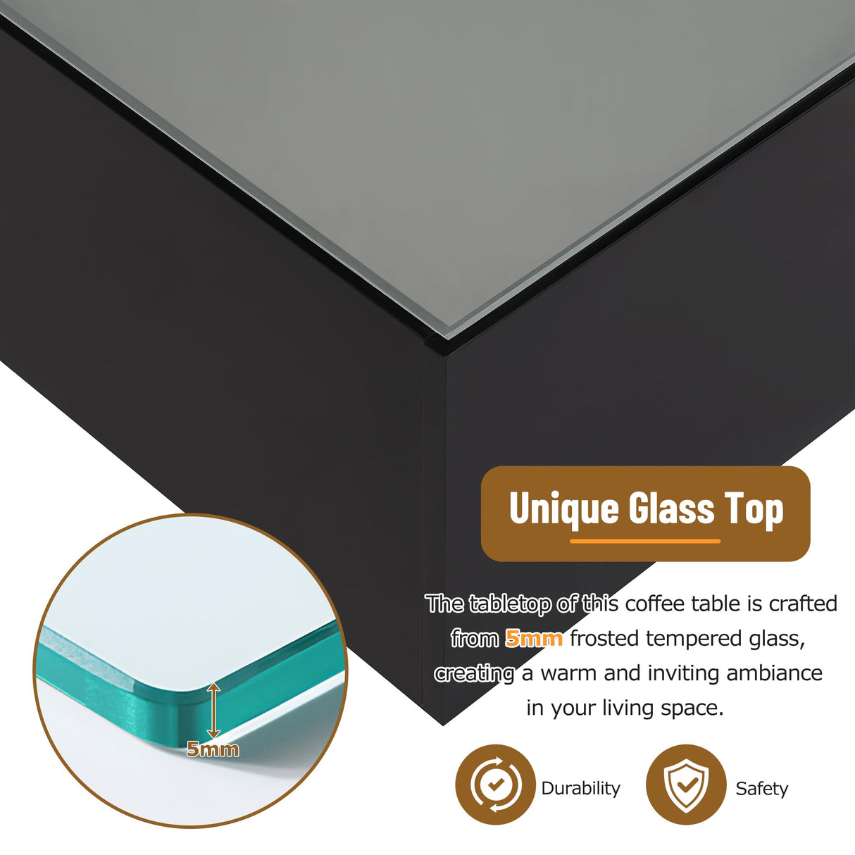 LUMISOL Square High Gloss Coffee Table with 5mm Frosted Tempered Glass Top, 27.5'' Cocktail Tea Table with 16-Color LED Strip Lights, Modern Center Table for Living Room, Black LUMISOL