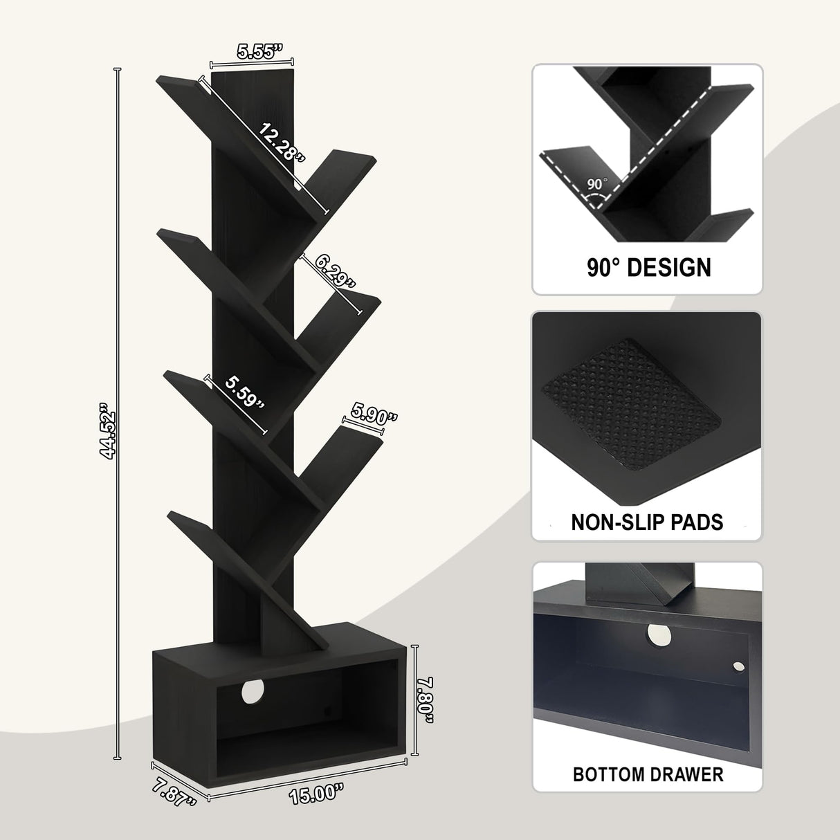 LUSHZLUMBERA 6 Tier Tree Bookshelf, Tall Narrow Wooden Bookcase with Drawer and Storage Cabinet, Freestanding Small Book Shelf Organizer for Bedroom, Living Room, Home Office, Black Display Shelf LUSHZLUMBERA