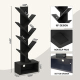 LUSHZLUMBERA 6 Tier Tree Bookshelf, Tall Narrow Wooden Bookcase with Drawer and Storage Cabinet, Freestanding Small Book Shelf Organizer for Bedroom, Living Room, Home Office, Black Display Shelf LUSHZLUMBERA