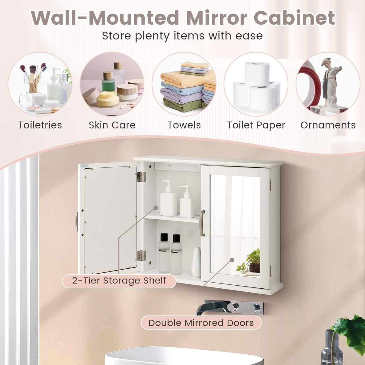 Tangkula Medicine Cabinet with Mirror, Bathroom Wall Mounted Mirror Cabinet with Double Mirror Doors, Bathroom Mirror with Storage Cabinet, 23.5 x 5.5 x 19.5 Inches (White) Tangkula