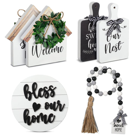 4 Pieces Farmhouse Tiered Tray Decor Set Including House Farmhouse Sign Wooden Small Items Plaid Wood Bead Garland for Home Decor(Simple Style) Yookeer