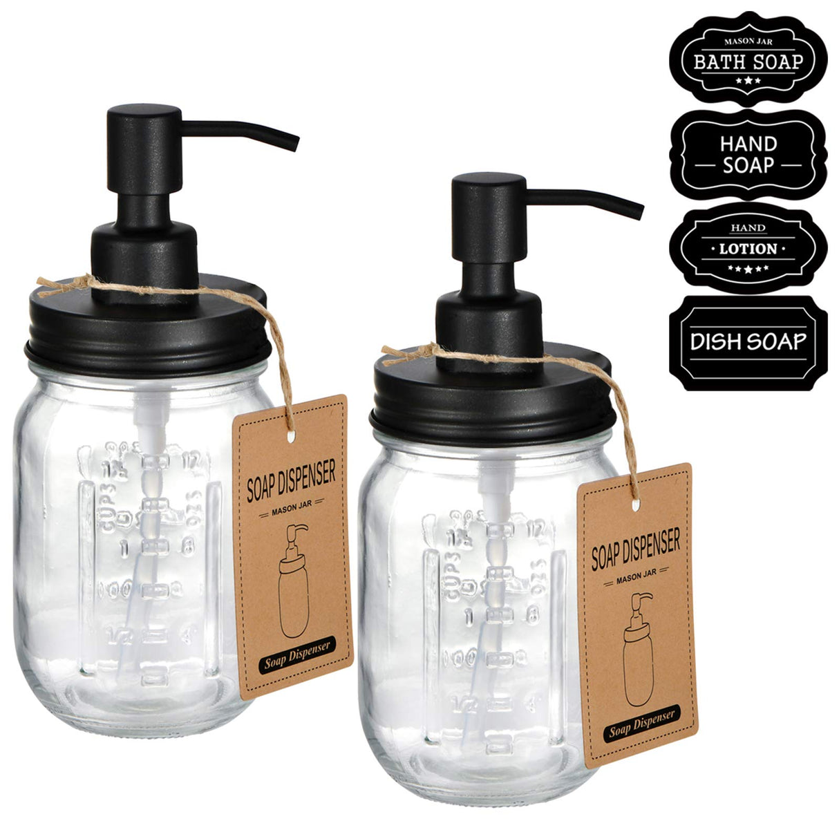 Amolliar Mason Jar Liquid Soap Dispenser -Rustproof Stainless Steel Replacement - Farmhouse Decor for Kitchen/Bathroom,Liquid Soap Pumps for Hand Soap,Dish Soap,Lotions/Black-2 Pack Amolliar