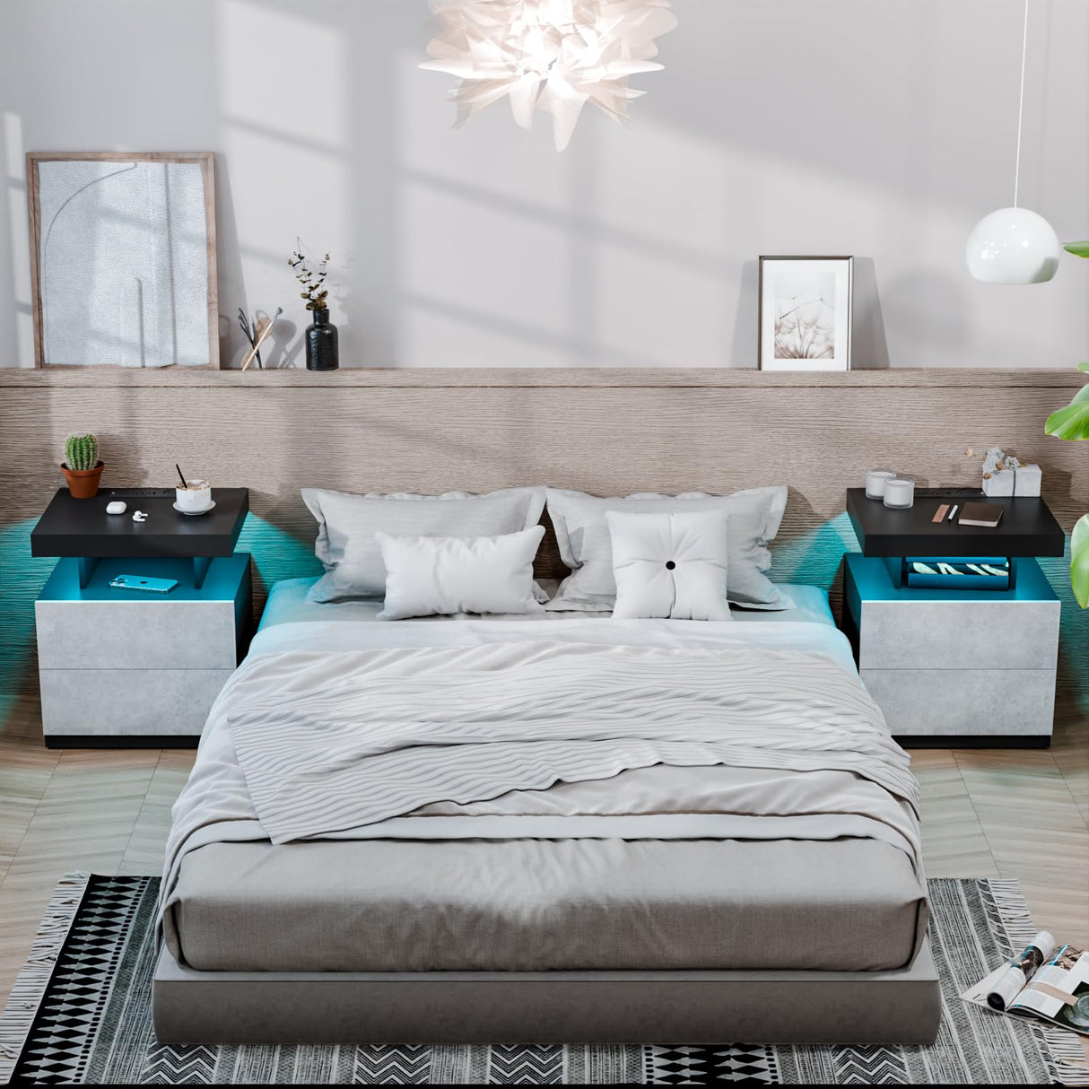 HOMMPA LED Nightstand with Wireless Charging Station & USB Ports High Gloss Bedside Table with LED Light RGB Adjustable Brightness Smart Nightstand 2 Drawers Night Stand for Bedroom Grey HOMMPA