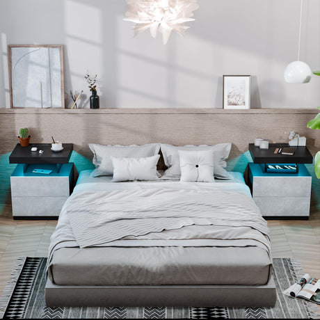 HOMMPA LED Nightstand with Wireless Charging Station & USB Ports High Gloss Bedside Table with LED Light RGB Adjustable Brightness Smart Nightstand 2 Drawers Night Stand for Bedroom Grey HOMMPA