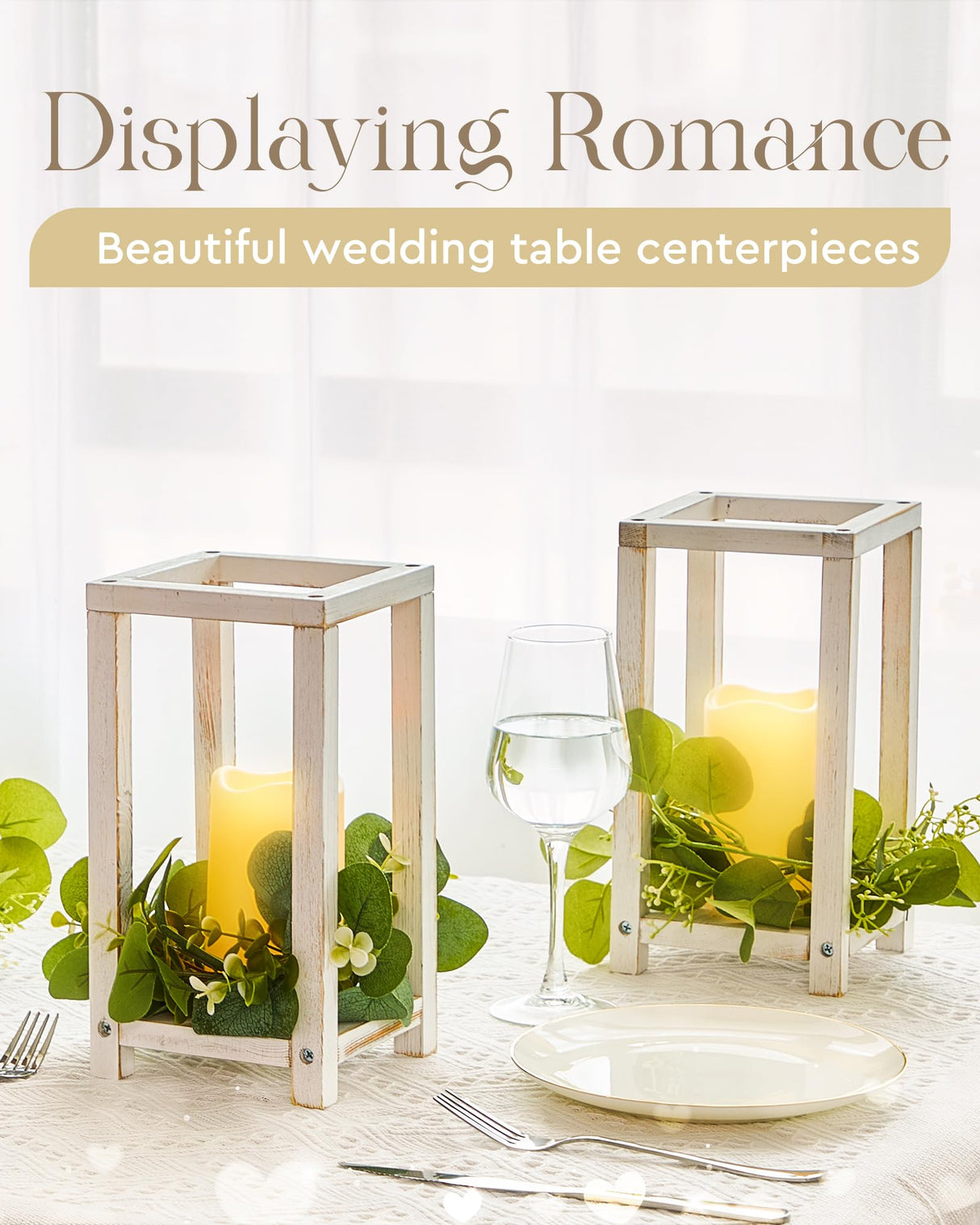 Huquary 16 Pcs Wooden Candle Lantern Set Includes 8 Rustic Wedding Centerpieces for Table Farmhouse Wooden Candle Holder and 8 Flameless Decorative LED Candles for Wedding Decor (White,Rectangle) Huquary