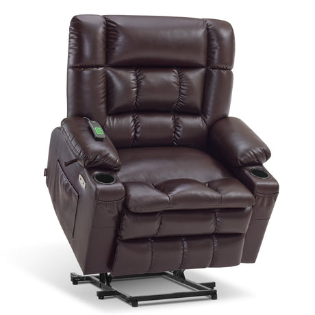 MCombo Dual Motor Power Lift Recliner Chair for Elderly, Lay Flat Lift Chair with Heat and Massage, Extra Wide Lift Recliner for Big People, Cup Holders, Faux Leather R7897 (Dark Brown, Medium-Wide) MCombo