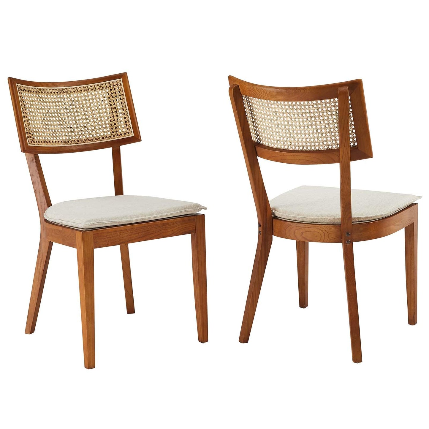 Modway Caledonia Elm Wood Rattan Set of 2 in Walnut Beige | Retro Kitchen, Living Accent Chair for Dining Room - WoodArtSupply