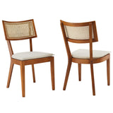 Modway Caledonia Elm Wood Rattan Set of 2 in Walnut Beige | Retro Kitchen, Living Accent Chair for Dining Room Modway