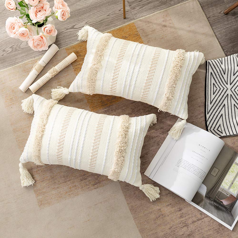 OJIA Lumbar Decorative Boho Throw Pillow Cover, 12 x 20 Farmhouse Cute Pillowcase Minimalist Neutral Collection Cream White Tufted with Tassels Woven Cushion Cover for Sofa Couch Bedroom Living Room OJIA