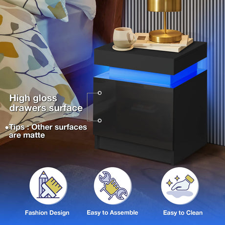 HOMMPA LED Nightstand Black Nightstand with Led Lights Modern Night Stand with 2 High Gloss Drawers Led Bedside Table Smart Nightstand for Bedroom 20.5” Tall HOMMPA