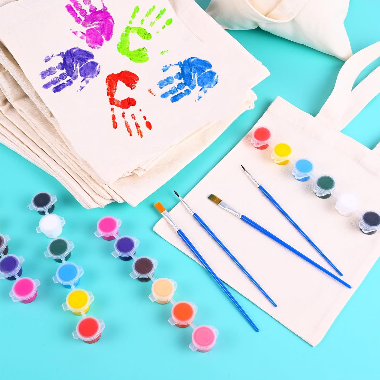 Zioffiel Small Canvas Tote Bags Bulk 24 Pack, Sublimation Tote Bags Blank with Acrylic Paint Set, Reusable Cotton Canvas Bags with Handles, Mini Tote Bag To Decorate DIY Crafts, 8"x8.6" Zioffiel