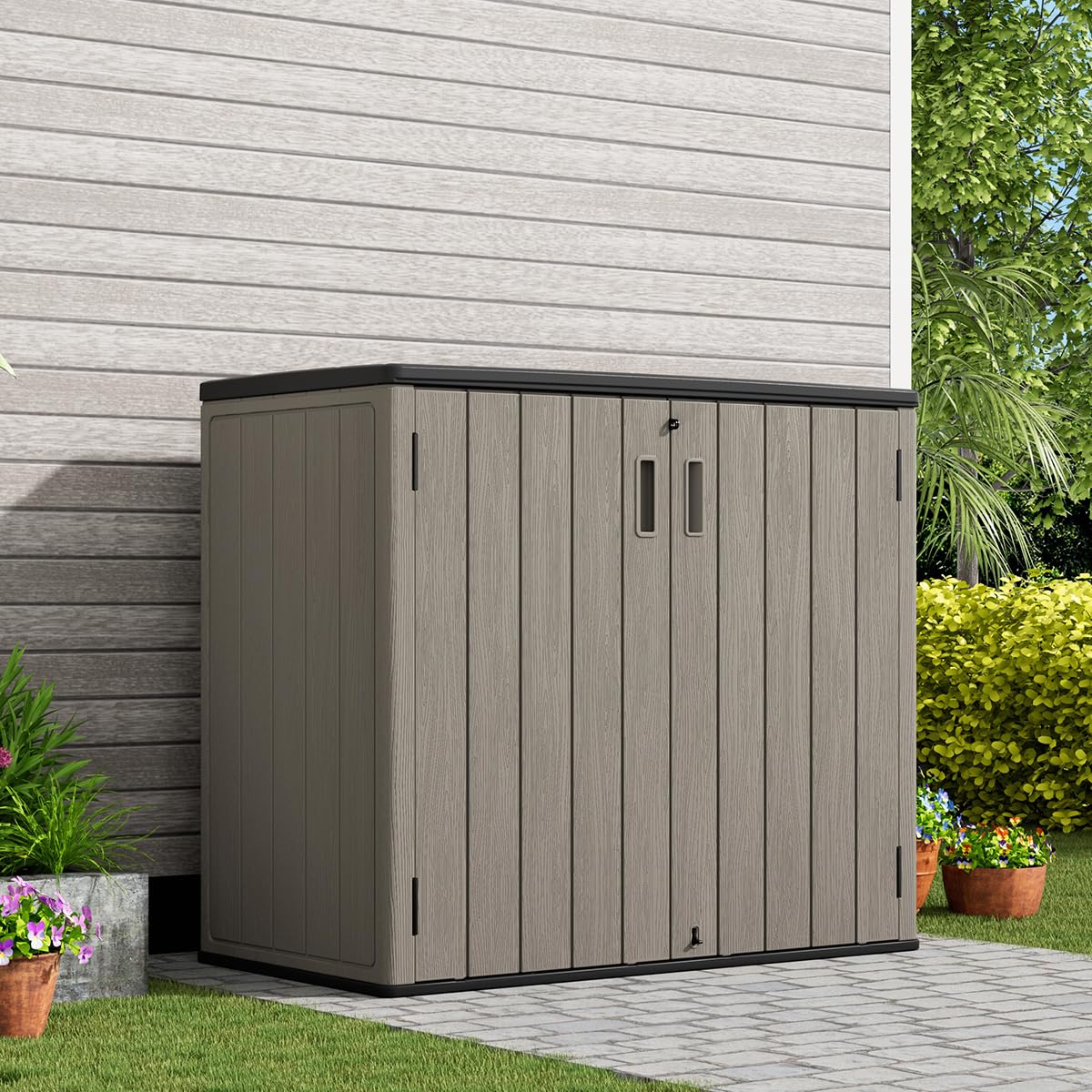KINYING Outdoor Horizontal Storage Sheds,Outdoor Storage Cabinet Waterproof Resin Tool Storage Box for Lawn Mower,Garden Tools and Patio Furniture, Lockable (Brown) KINYING