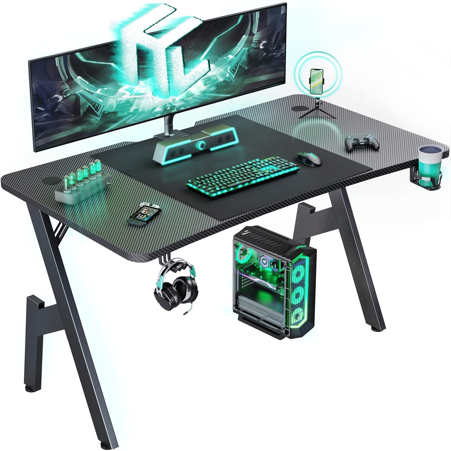 HLDIRECT 47 Inch Gaming Desk with Carbon Fibre Surface, Large Computer Desk Gaming Table, Ergonomic Pc Gaming Workstation Home Office Desks with Cup Holder & Headphone Hook