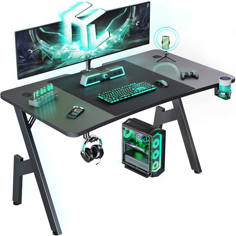 HLDIRECT 47 Inch Gaming Desk with Carbon Fibre Surface, Large Computer Desk Gaming Table, Ergonomic Pc Gaming Workstation Home Office Desks with Cup Holder & Headphone Hook HLDIRECT