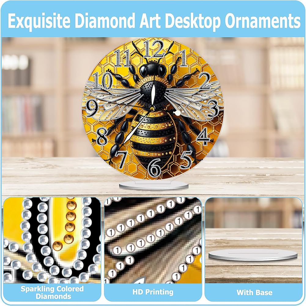 Sulunmo DIY Diamond Art Painting Kit Desk Tabletop Clock Craft Diamond Drill Art Kit for Home Decor Decoration, Creative Gift(Glow-in-The-Dark Bee-32) Sulunmo
