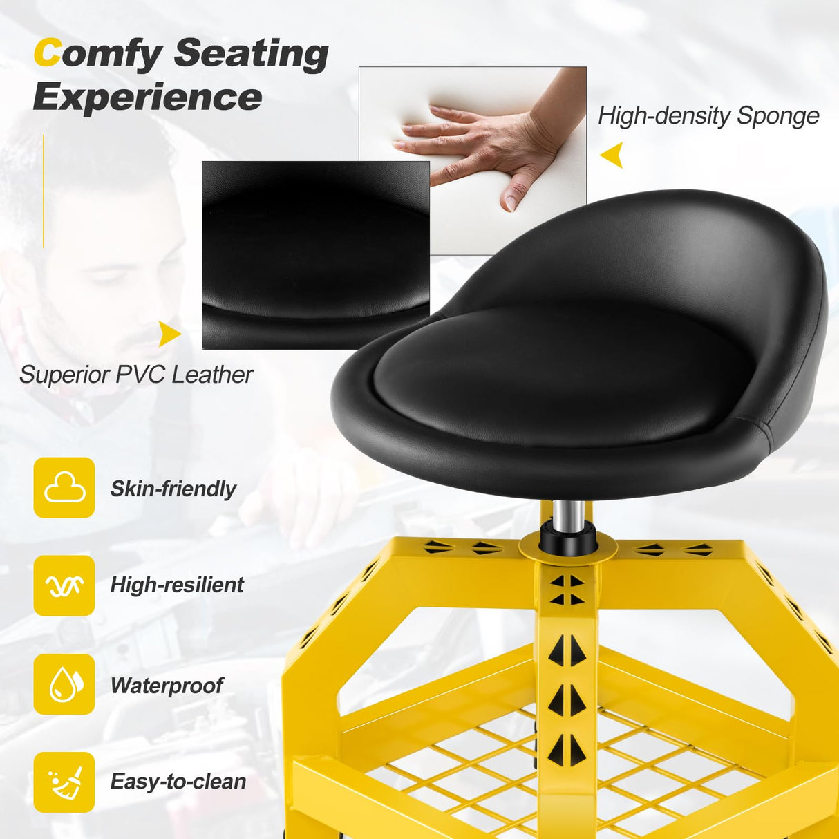 Goplus Mechanic Stool with Wheels, 360 Degree Swivel Rolling Garage Stool with 22.5”-27.5” Height Adjustment, Padded Seat, 330 LBS Capacity, Tool Tray, Heavy Duty Creeper Seat, Shop Stool for Workshop Goplus