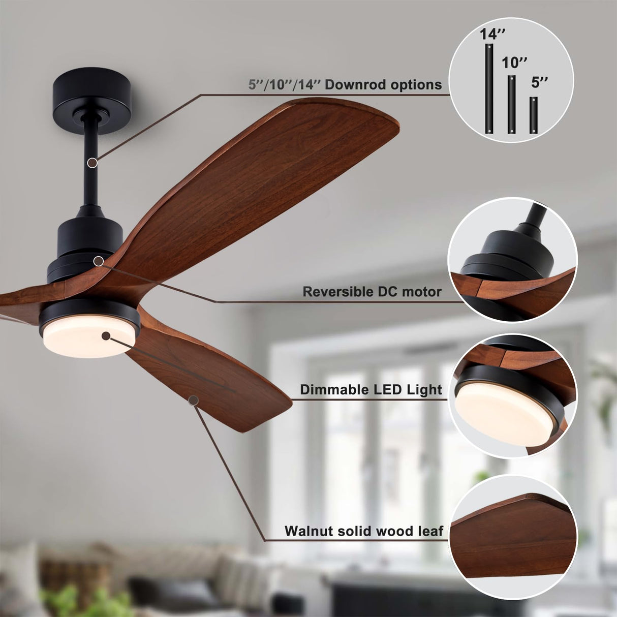 dearnow 56" wooden ceiling fan with lighted remote control, indoor outdoor wooden ceiling fan, outdoor modern ceiling fan with 3 fan blades for patio, living room, office, hallway and more.…… dearnow