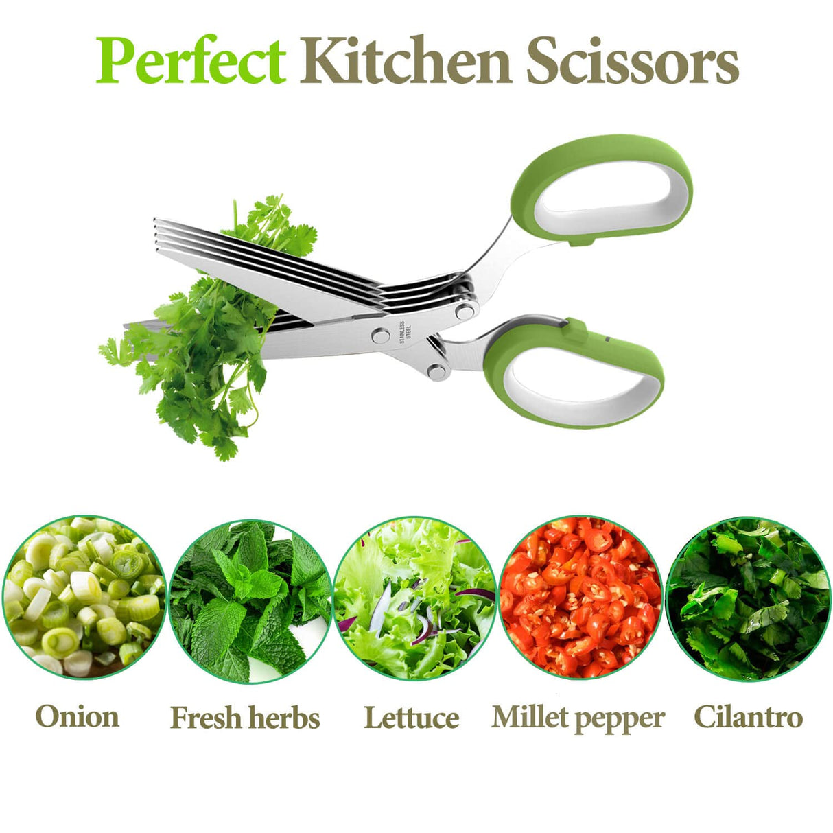 Herb Scissors, Kitchen Herb Shears Cutter with 5 Blades and Cover, Sharp Dishwasher Safe Kitchen Gadget – Green JOFUYU