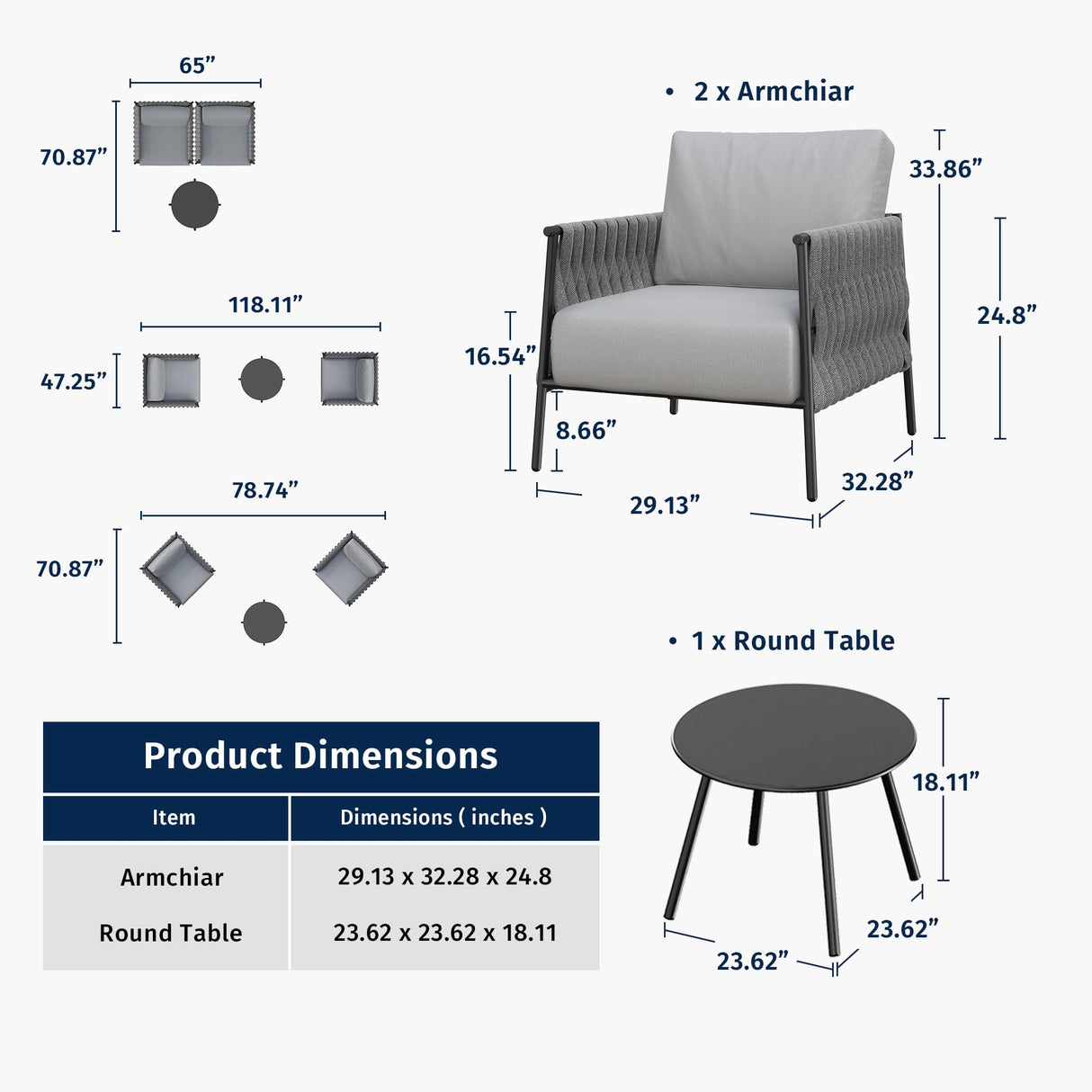 EAST OAK 3-Piece Patio Furniture Set | Armchairs & Coffee Table | Outdoor Furniture with Cushions | Deep Seating Modern Conversation Set | Garden, Porch, Balcony & Backyard | Misty Grey EAST OAK