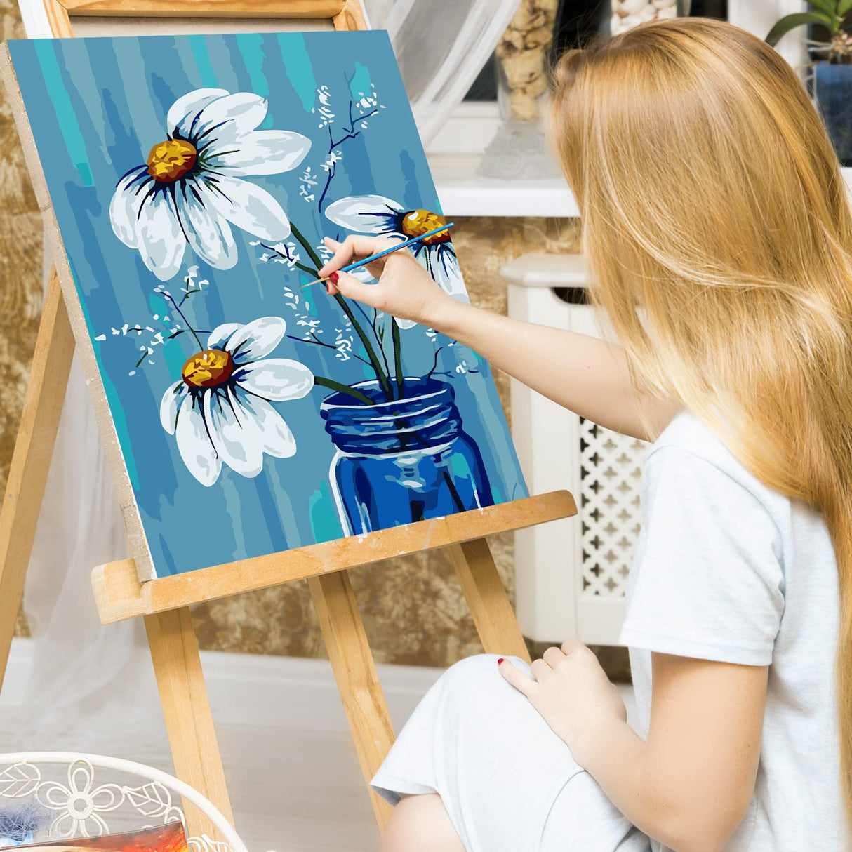 Ginkko Paint by Numbers for Adults Beginner & Kids Ages 8-12 with Wooden Frame Easy Acrylic on Canvas 9x12 inch with Paints and Brushes, vase Flower(Include Framed) Ginkko