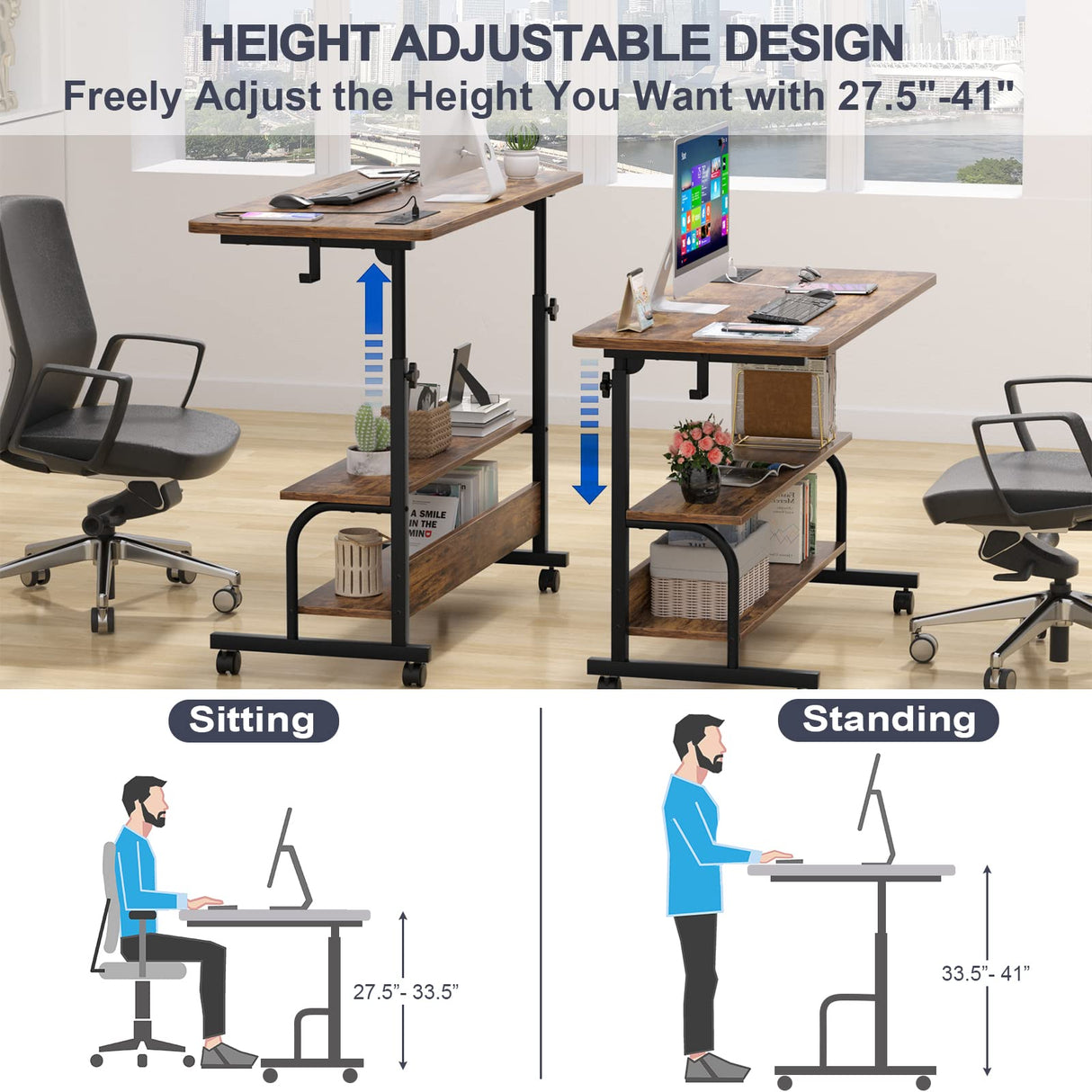 Height Adjustable Standing Desk with Power Outlets, 39" Manual Stand Up Desk with Storage Shelves Small Mobile Rolling Computer Desk Portable Laptop Table with Wheels for Home Office, Rustic armocity