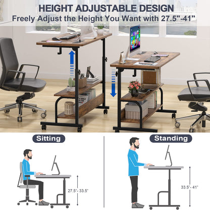 Height Adjustable Standing Desk with Power Outlets, 39" Manual Stand Up Desk with Storage Shelves Small Mobile Rolling Computer Desk Portable Laptop Table with Wheels for Home Office, Rustic - WoodArtSupply