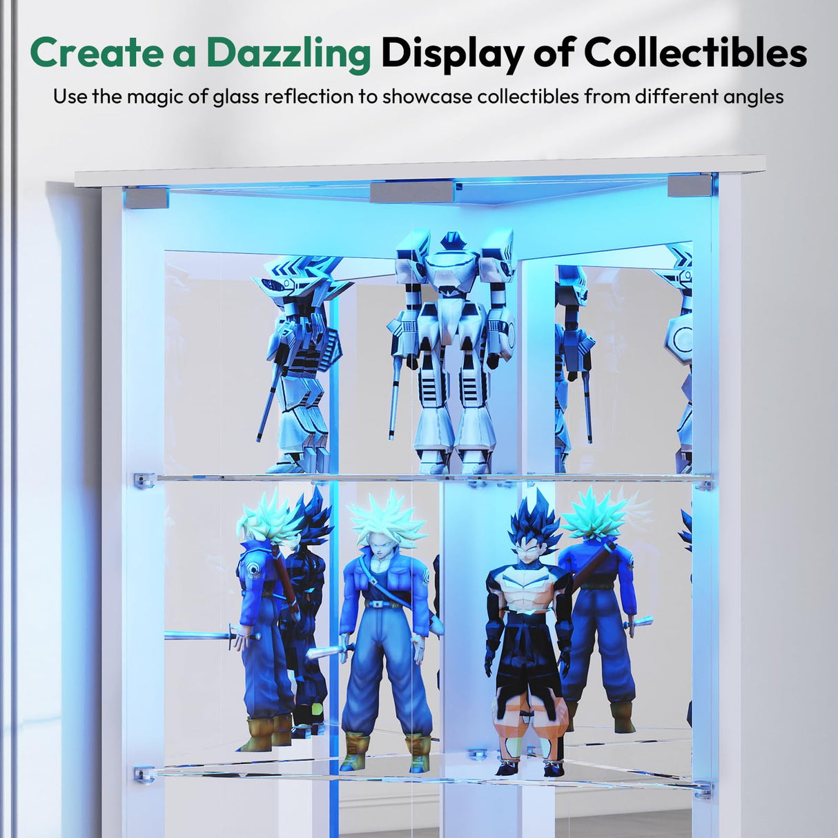 Lamtor 72" Corner Display Cabinet with Glass Doors, 6-Tier Showcase Curio Cabinet for Collectibles with Dynamic LED Lights, Modern Display Case for Living Room, White Lamtor