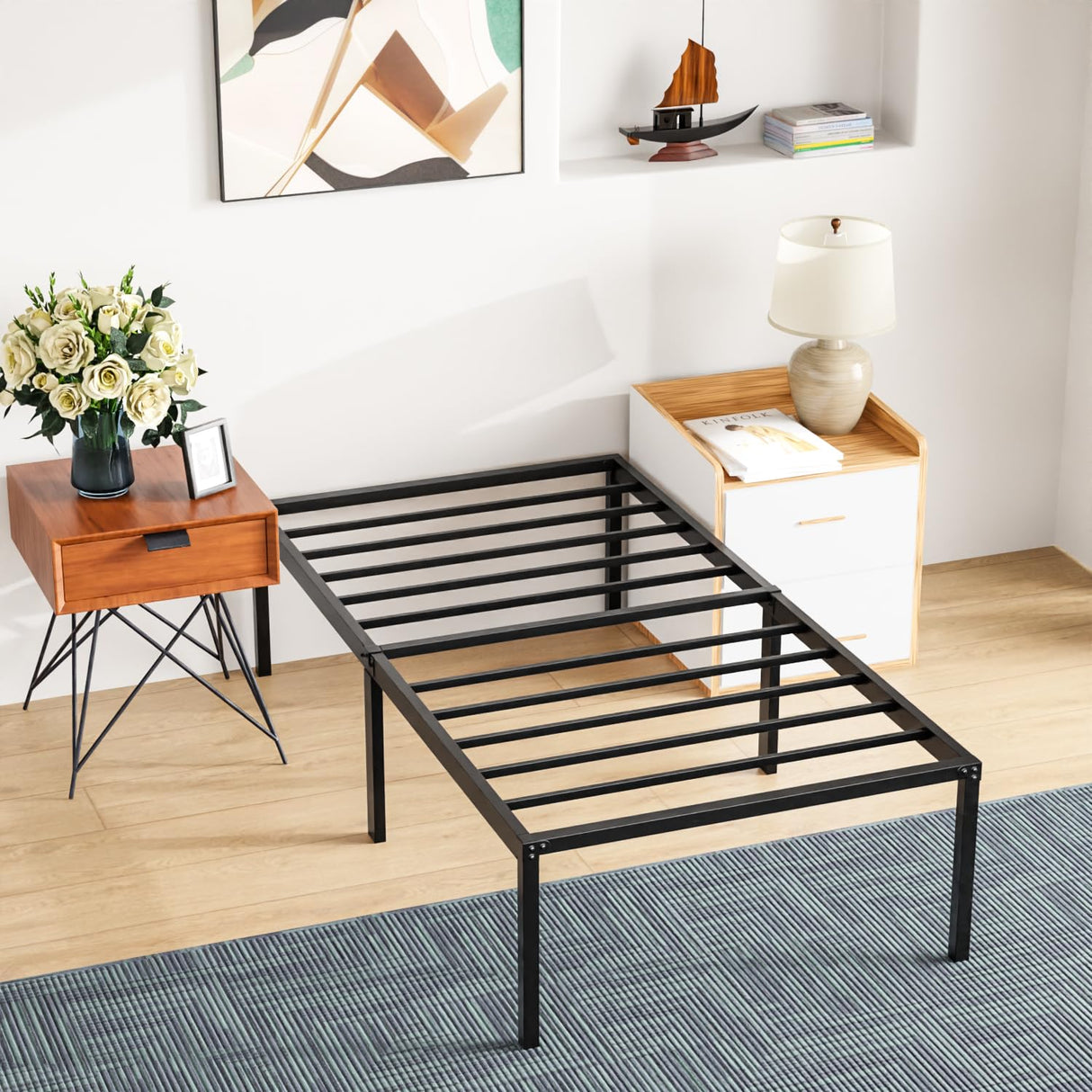 PayLessHere 18 Inch High Metal Platform Bed Frame with Maximum Storage Space Under The Heavy Duty Bed Frame No Box Spring Needed Noise-Free Easy Assembly (Twin) PayLessHere