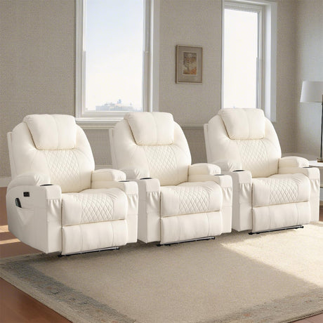 IBTKIG Power Recliner Chair with Heat and Massage, PU Leather Home Theater Seating w/LED Lights/Cup Holders/Side Pocket/USB Port, Lazy Boy Reclining Sofa Chair for Living Room (3, White) IBTKIG