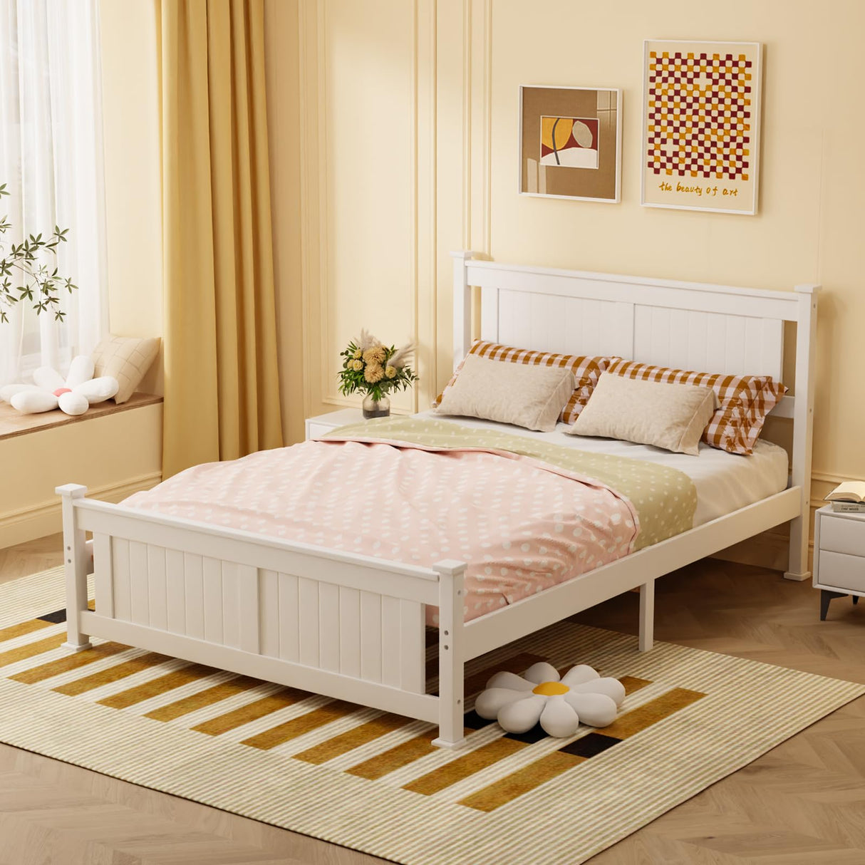 VINGLI Full Bed Frame with Headboard Wood Double Platform Panel Bed, No Box Spring Needed,White VINGLI