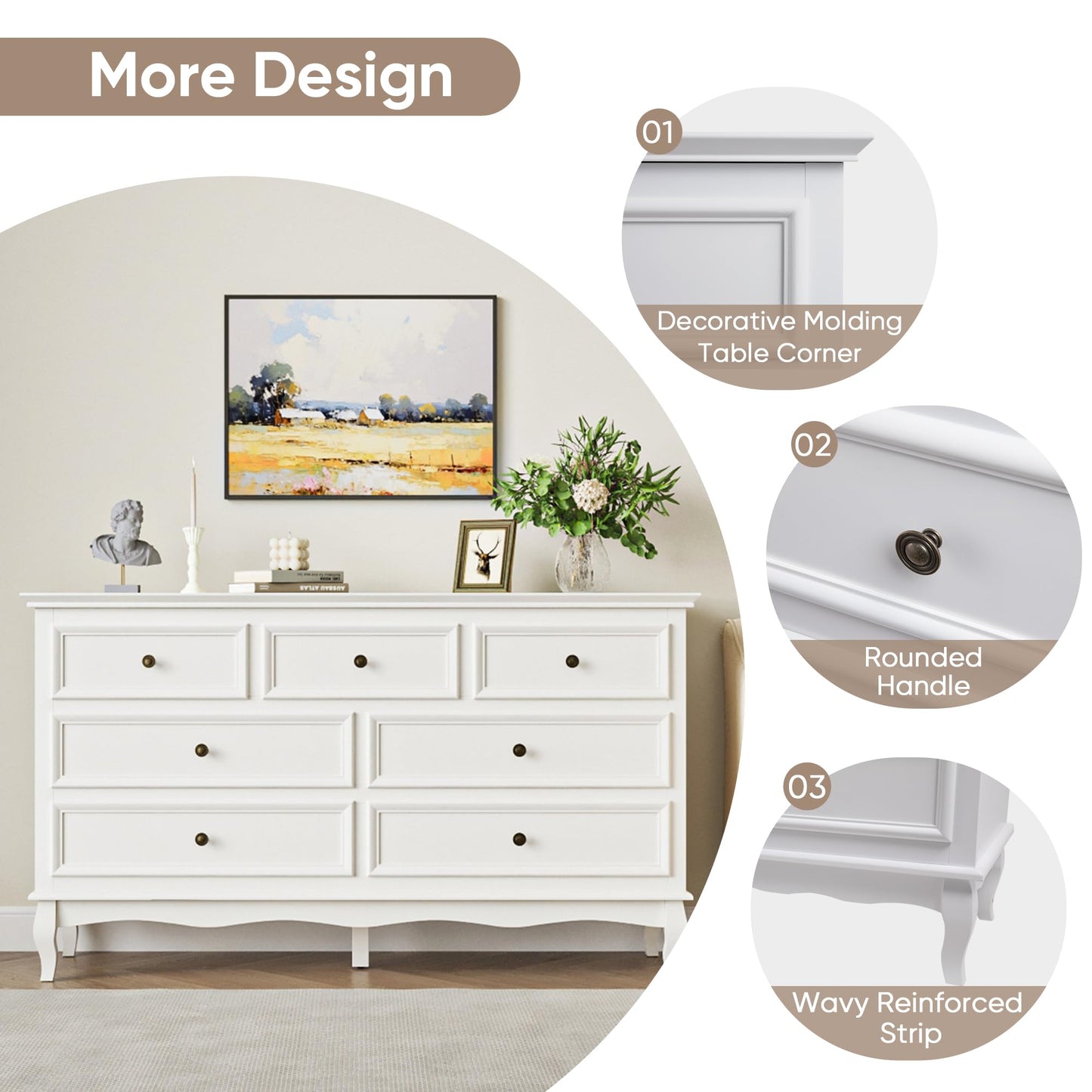 RoyalCraft White 7 Drawer Dresser for Bedroom, Modern Chest of Drawers with Solid Wood Legs and Painted Finish, Wooden Storage Closet Cabinet Organizer for Living Room, Hallway