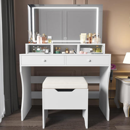 VECELO Vanity Desk with LED Lighted Mirror and Power Outlet, Makeup Table with 4 Drawers and Storage Stool, Adjustable 3 Lighting Modes for Bedroom, Dressing Room, Off White