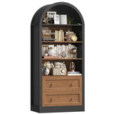 FINETONES 70" Tall Arched Bookcase with Drawers, 6-Tier Arched Cabinet with Open Display Shelves, Farmhouse Wooden Bookshelf Storage Cabinet for Living Room, Home Office (Black/Brown) FINETONES