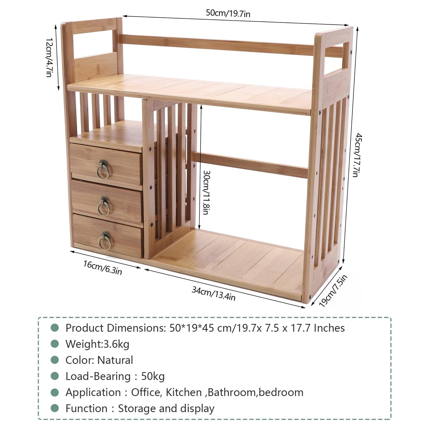 Bamboo Desktop Bookshelf with 3 Drawers – Organiser for Office and Home - WoodArtSupply